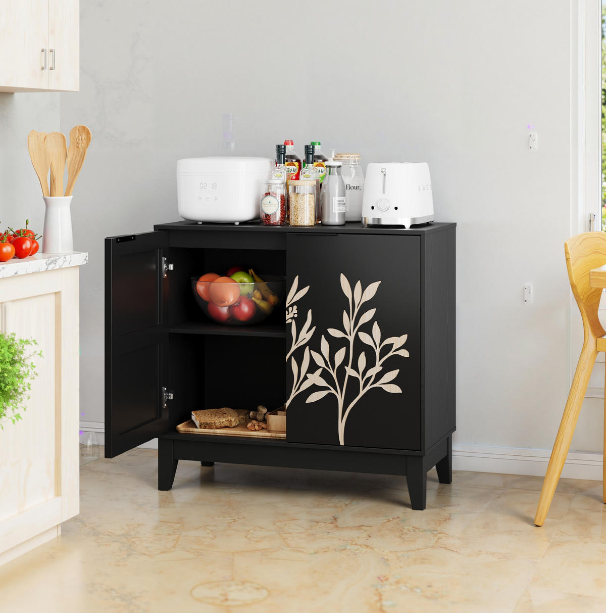 SIDEBOARD 80 cm in Schwarz mit 2 Türen und verstellbarem Einlegeboden - Schwarz, Holzwerkstoff (80/76/38cm) - Flora Grace