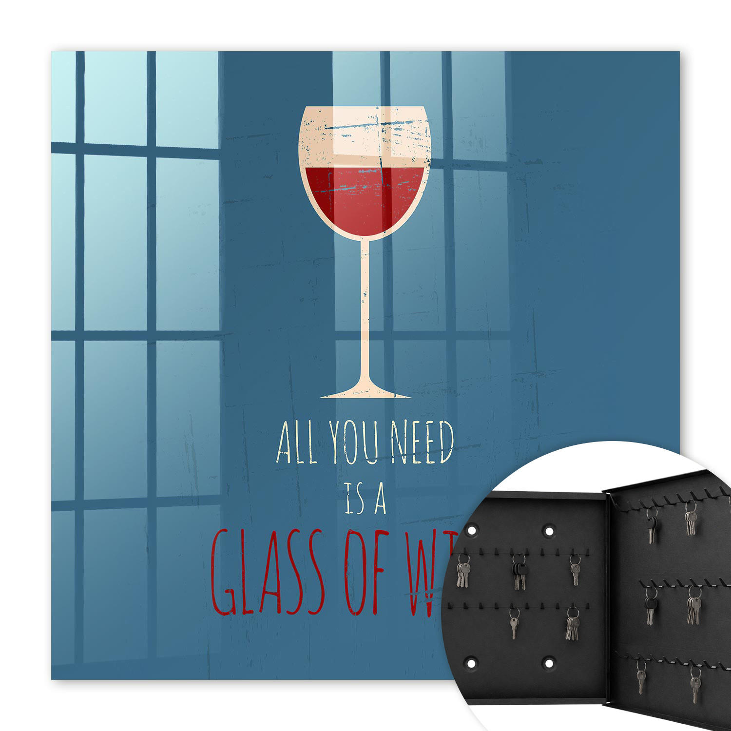 SCHLÜSSELBOX Schwarz 30x30 cm- Türöffnung nach rechts - Ein Glas Wein - Blau, Metall (30/30/5cm) - TULUP
