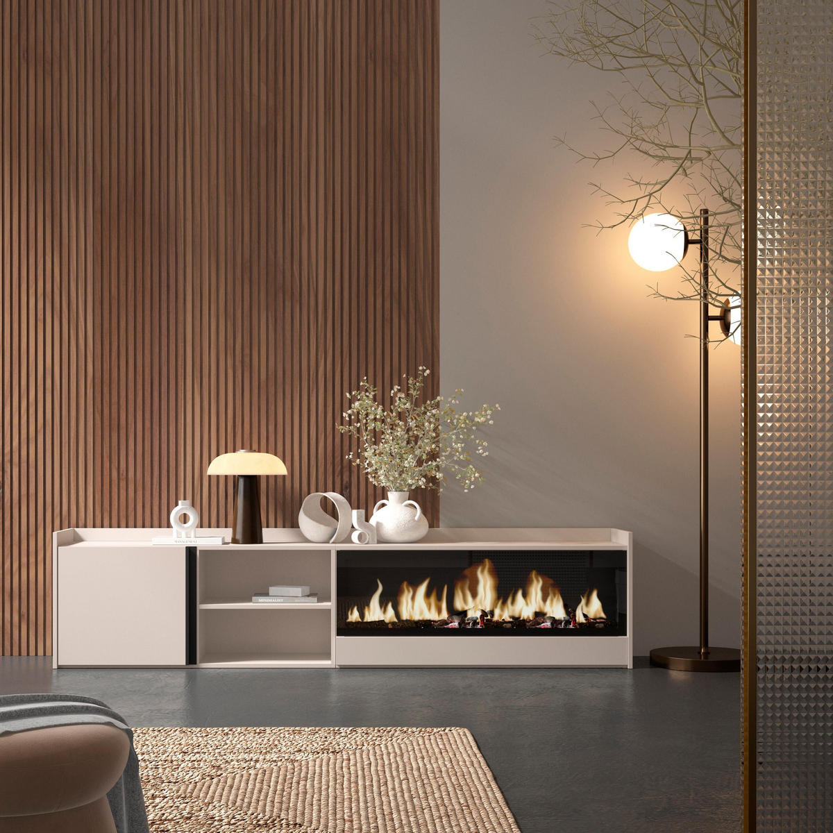 LOWBOARD, Beige, 212/35/50cm, Kamin mit Feuereffekt XXL - Beige, Holzwerkstoff (212/50/35cm) - Skraut Home