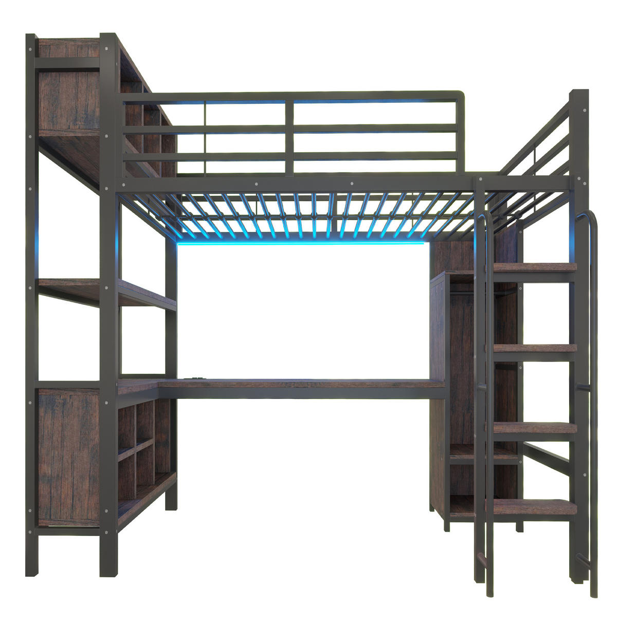 HOCHBETT 90x200cm Gaming Schreibtisch Schrank LED Schwarz - Schwarz, Metall (90/200cm) - FLIEKS
