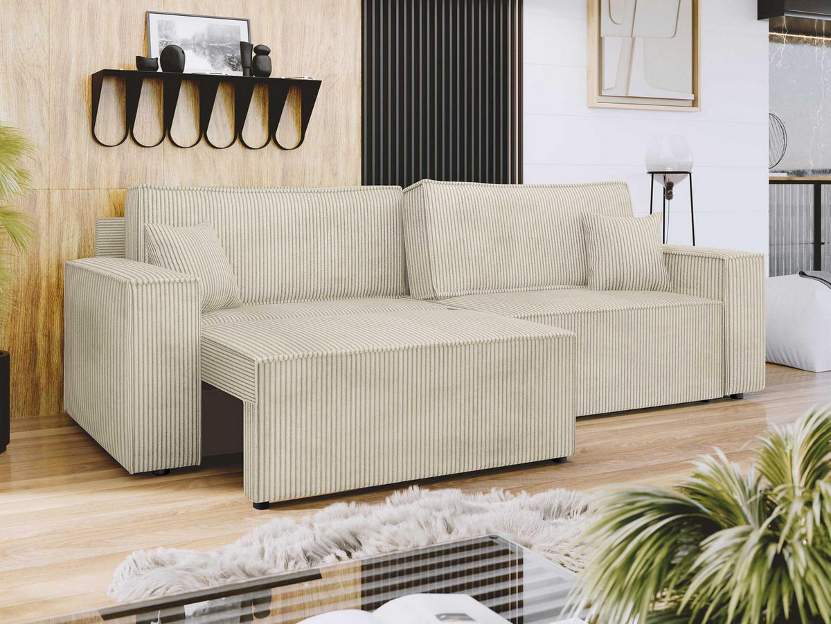 SCHLAFSOFA Karl Cord mit L-Funktion - Creme/Schwarz, Holz/Kunststoff (245/82/139cm) - MIRJAN24