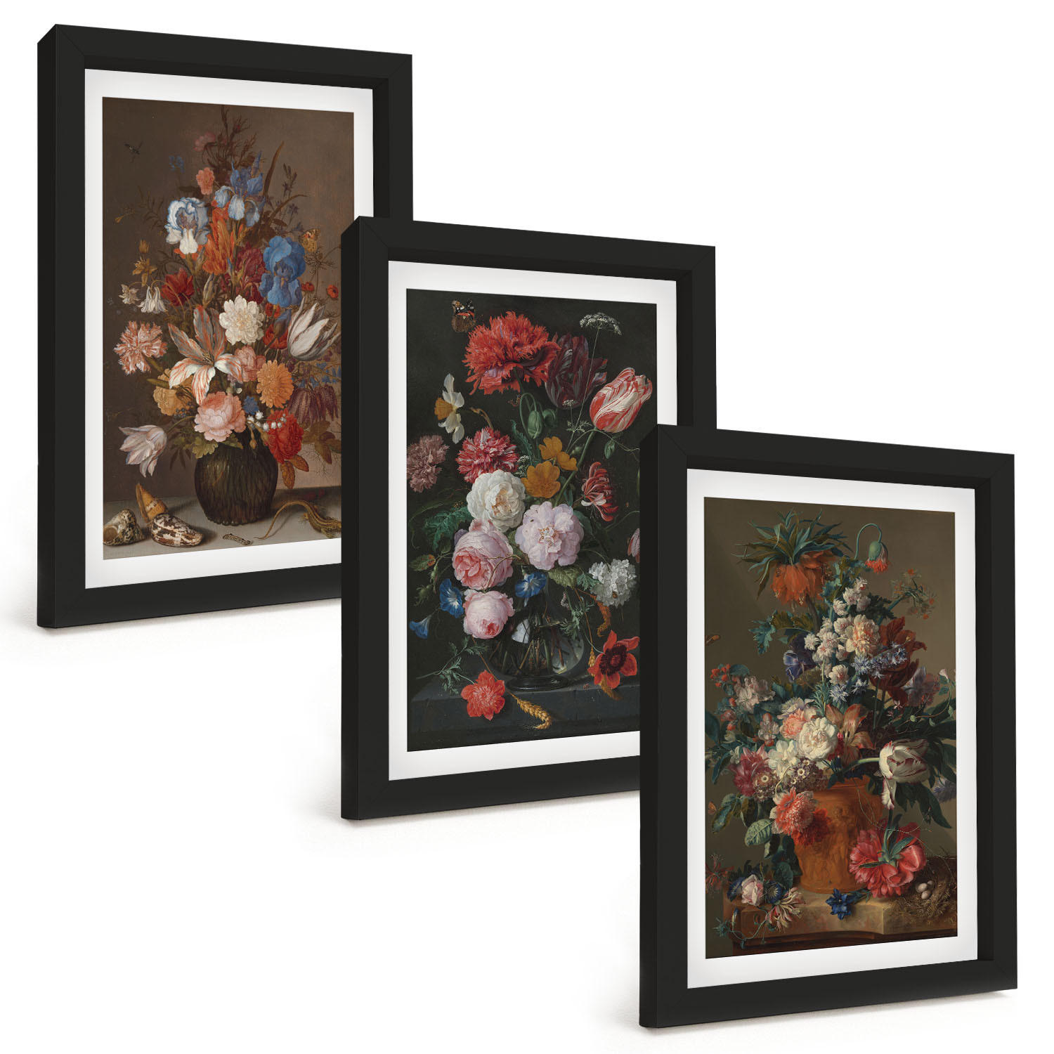 BILDER SET 3er Set - 20x30 cm Schwarzer Rahmen - Blumenarrangements in Vasen - Schwarz, Kunststoff (20/30cm) - TULUP