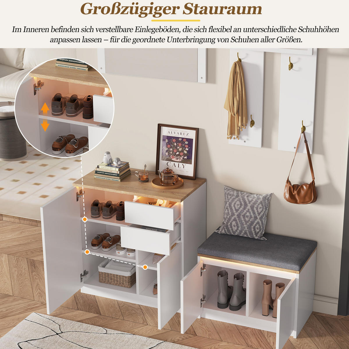 GARDEROBE 130x35x124.5cm mit Spiegel, LED und Schuhbank - Weiß, Holzwerkstoff (130/124.5/35cm) - FLIEKS