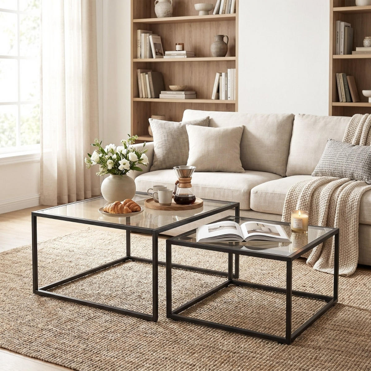COUCHTISCH 2er-Set Runde Satztische mit Glasplatte DE-39930 Schwarz - Schwarz, Metall (75/75/42cm) - ComfortXL