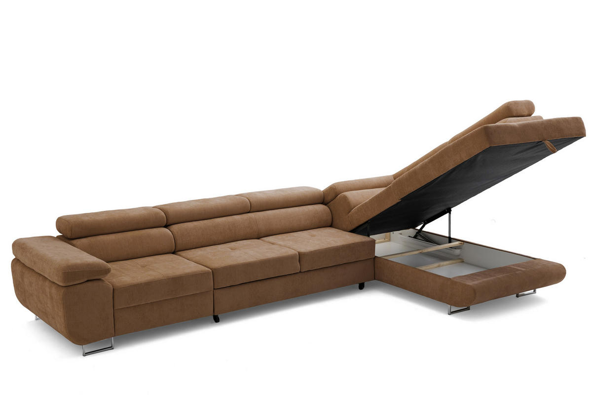 ECKSOFA WILD MAXI L Rechts mit Schlaffunktion 125x195 Chenille Braun - Chromfarben/Braun, Holz/Textil (203/350cm) - Muffo