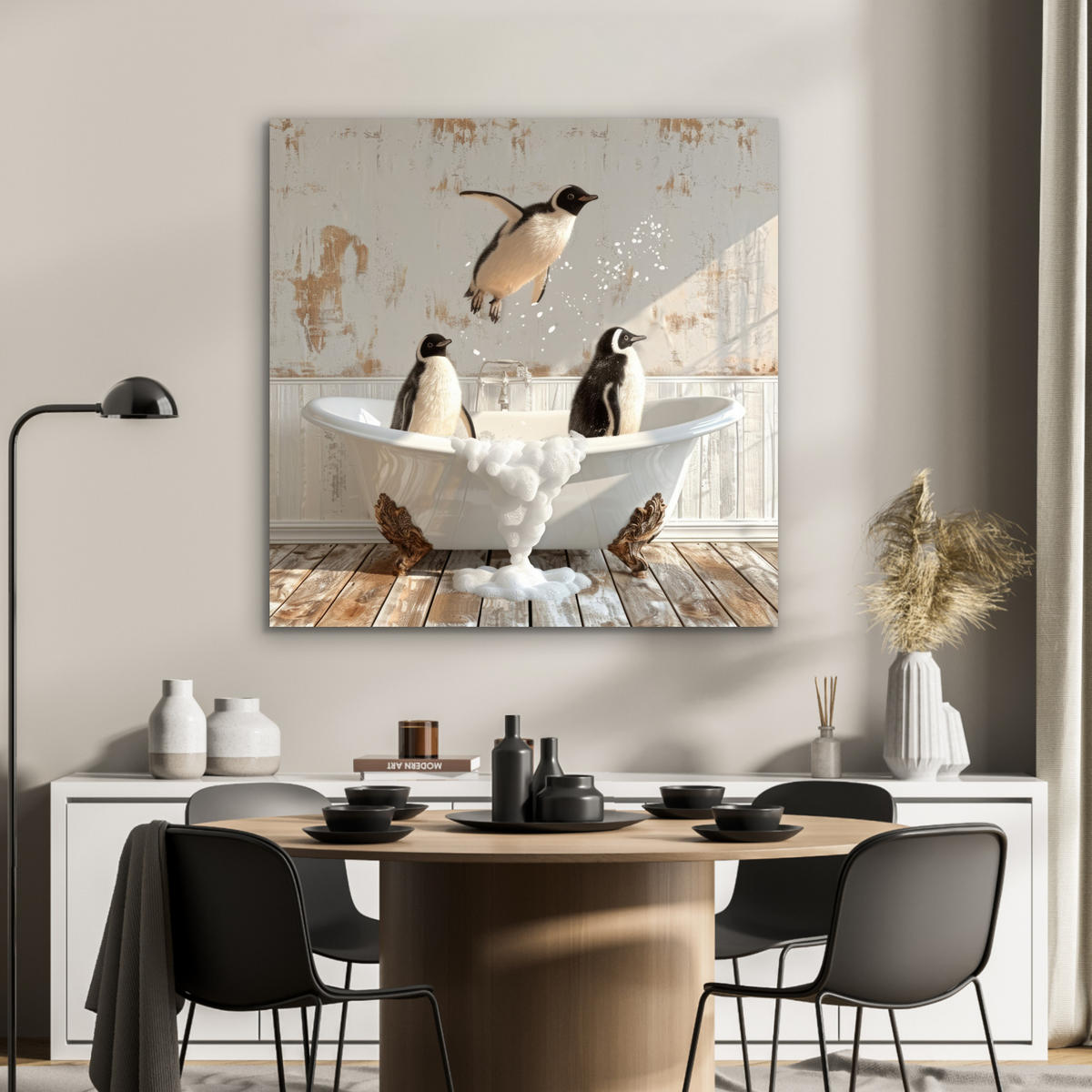 KOVOVÝ OBRAZ Vintage - Tučniak - Vaňa - Pena 90x90 cm - čierna, kov (90/90cm) - MuchoWow