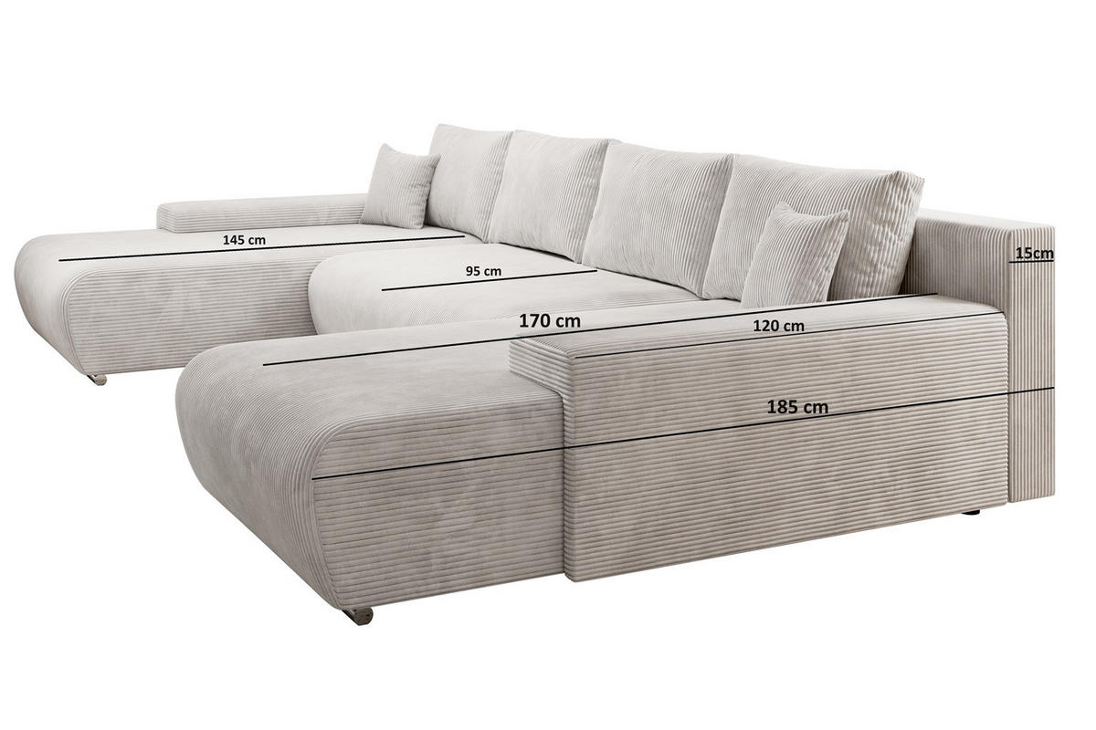 ECKSOFA Credo mit Schlaffunktion und Bettkasten, Couch U-Form, 348x81x185 cm, Hellgrau - Hellgrau, Holz (348/170cm) - PROMETO Möbel
