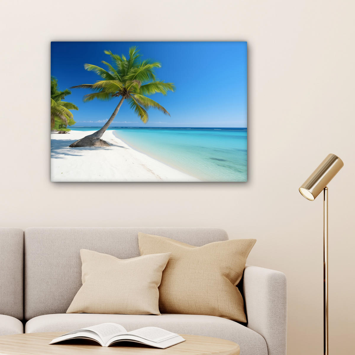 OBRAZ NA PLÁTNĚ Pláž - palma - tropická - moře 80x60 cm - zelená barva, textil (80/60cm) - MuchoWow