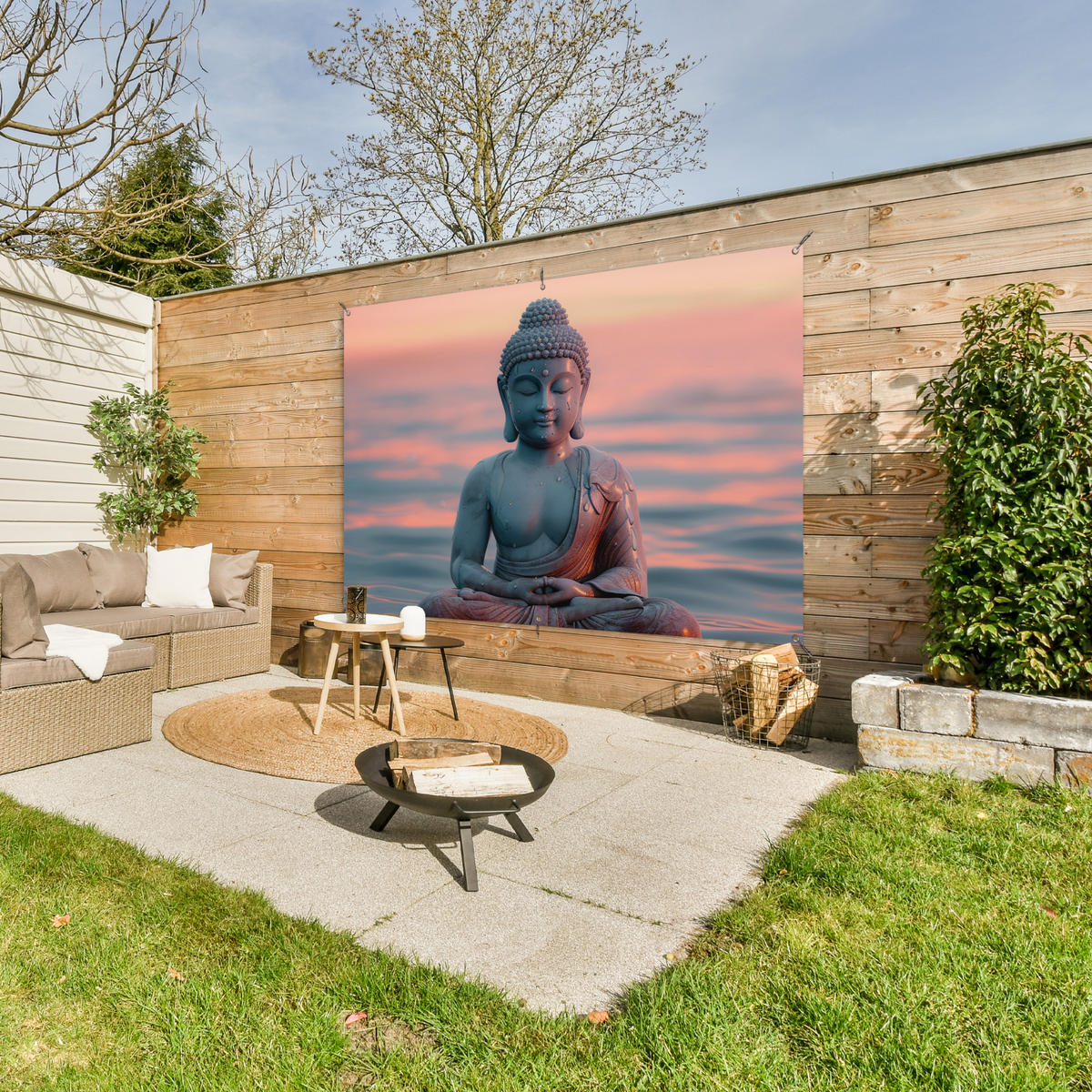 ZAHRADNÍ PLAKÁT Buddha - Socha - Buddha - Voda - Umění - Buddha 180x120 cm - šedohnědá, plast (180/120/0.2cm) - OnlyWow