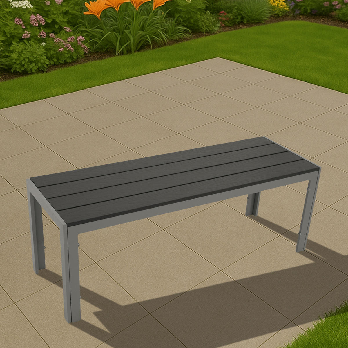 HOCKERBANK Newport -aus Aluminium silbergrau, Sitzfläche Kunstholz dunkelgrau 120x40x43 cm - Grau, Holz (120/43/40cm) - TPFGarden