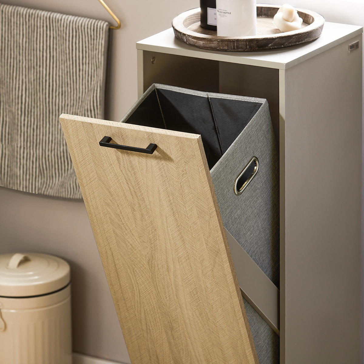 WÄSCHESCHRANK mit Wäschesack Grau - Naturfarben/Grau, Holzwerkstoff/Metall (31/86/30cm) - SoBuy
