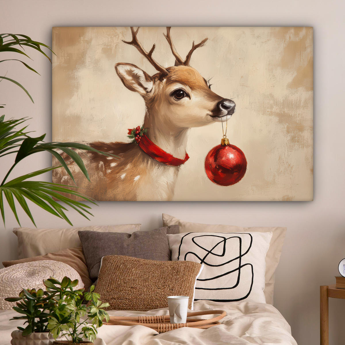 LEINWANDBILD Weihnachten - Hirsch - Geweih - Weihnachtskugel - Rentier XXL 150x100 cm - Hellbraun, Textil (150/100cm) - MuchoWow