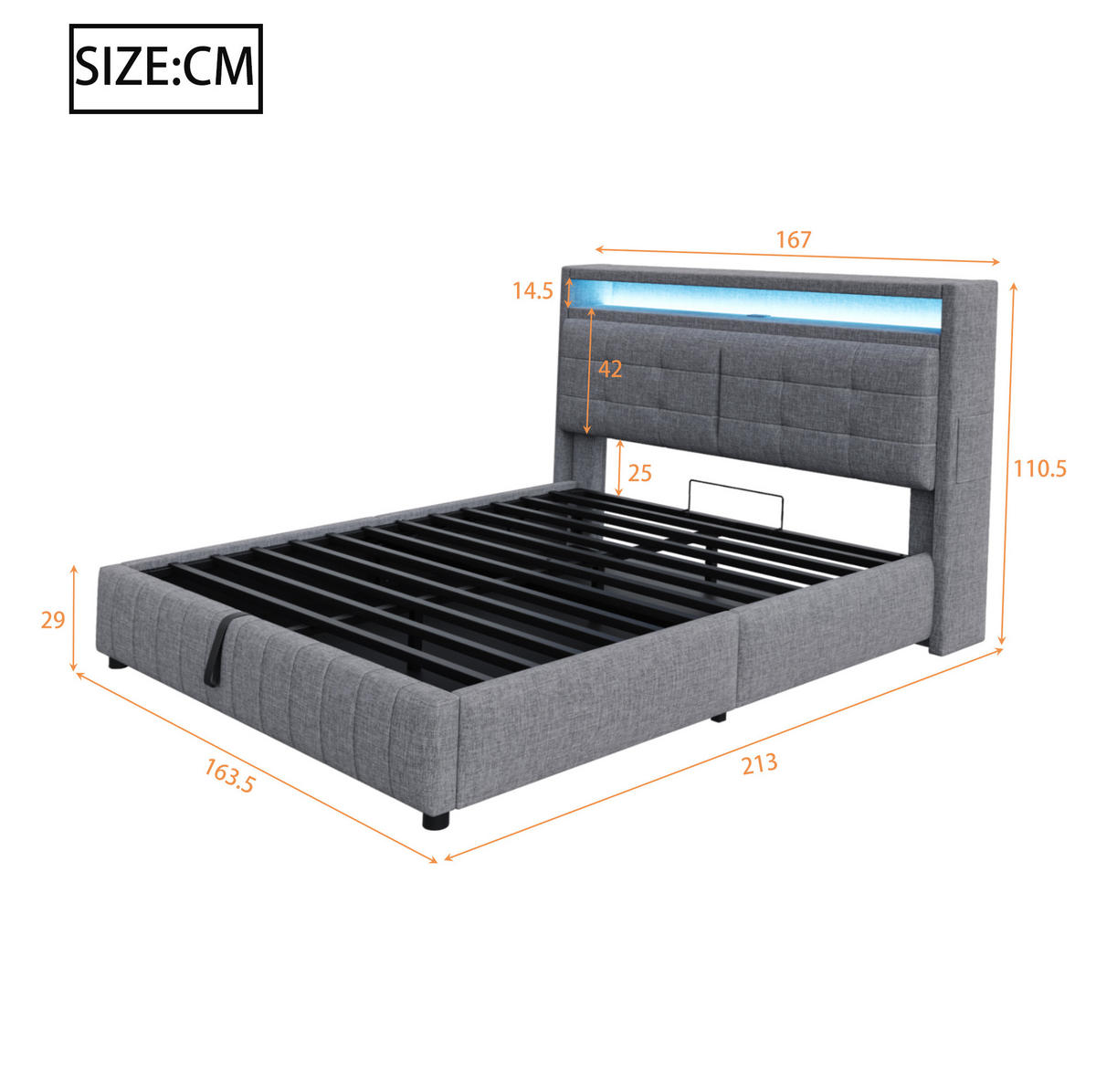ČALÚNENÁ posteľ 160/200 cm sivá, látka s LED osvetlením, USB a hydraulickým úložným priestorom - sivá, textil (160/200cm) - BEAOK