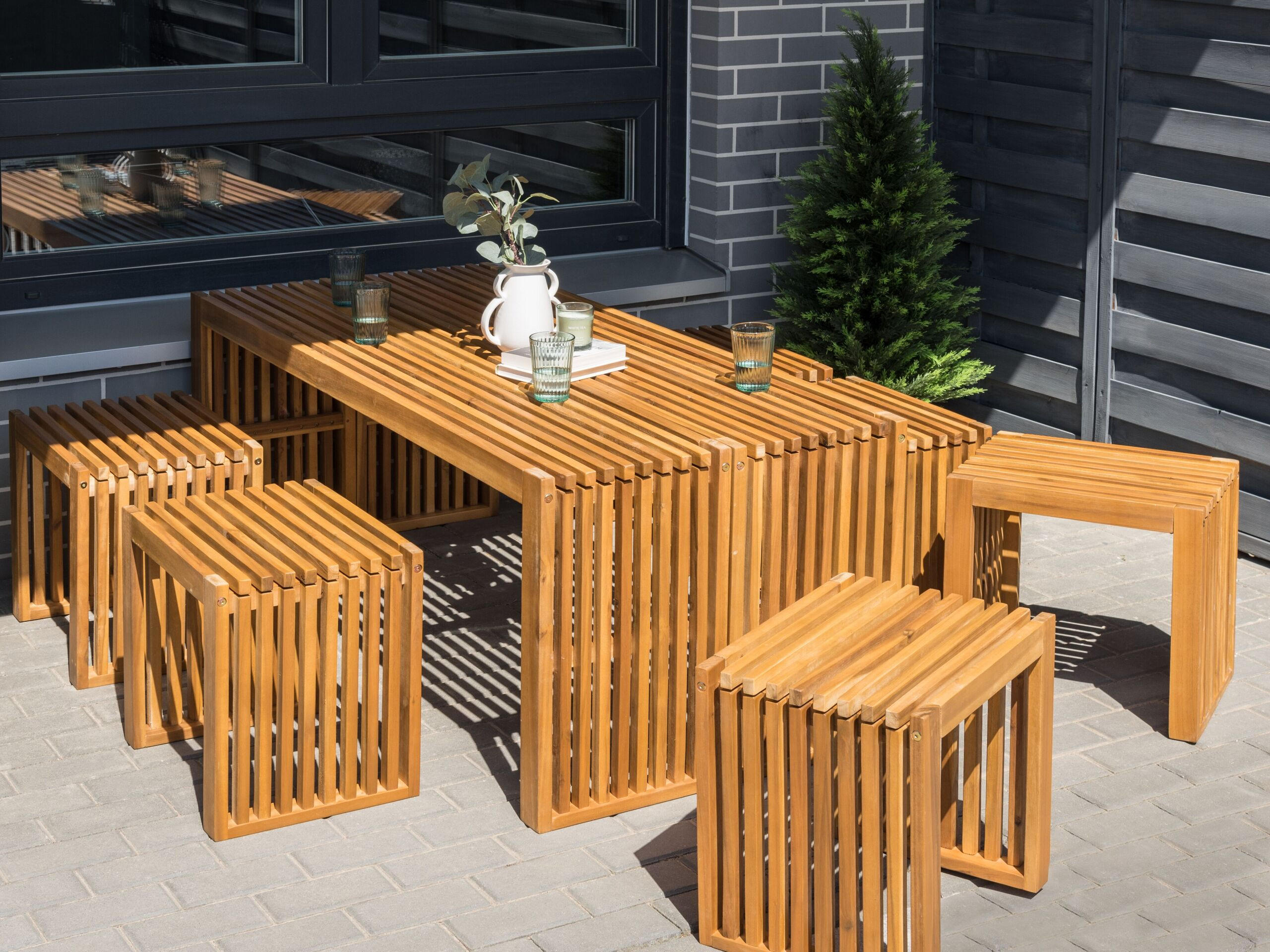 GARTENMÖBEL SET 6-Sitzer Akazienholz hellbraun 8-teilig Bellano - Hellbraun, Holz - Beliani