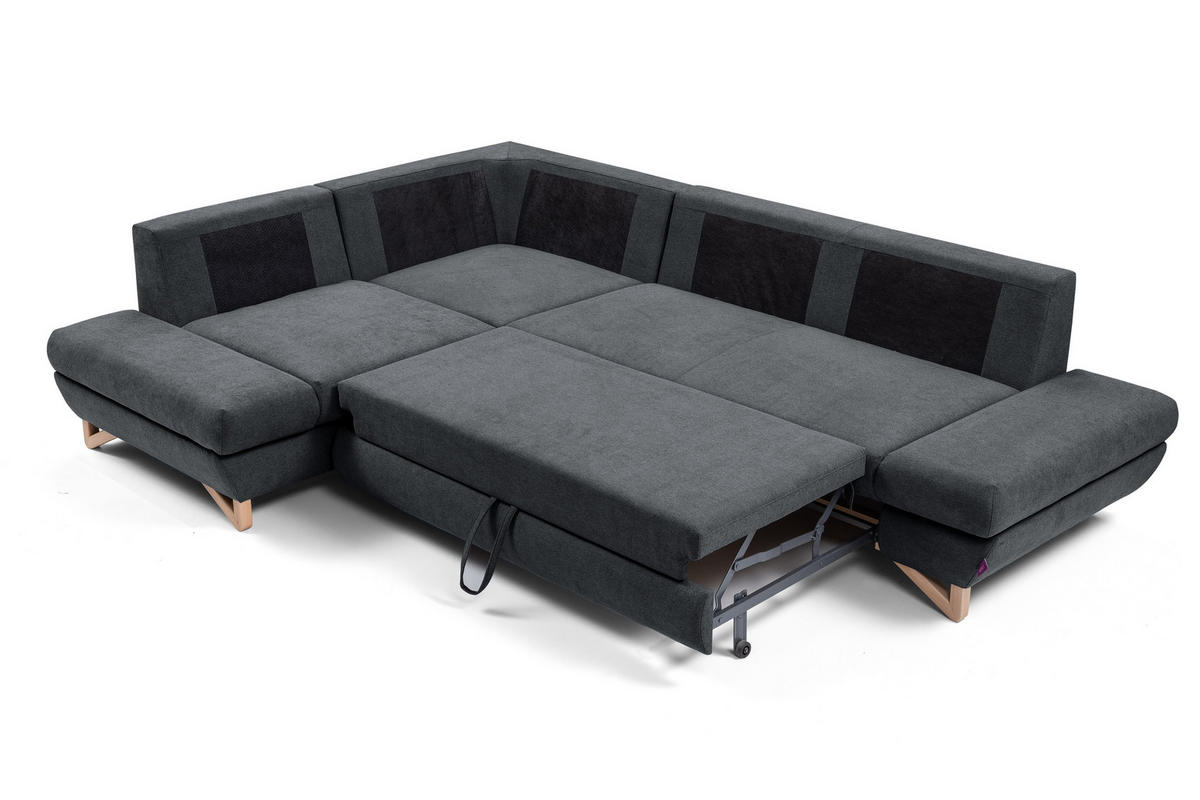 ECKSOFA CASA II L-S Anthrazit Plüsch-Stoff mit Schlaffunktion - Anthrazit, Holz (272/199cm) - MASSENO