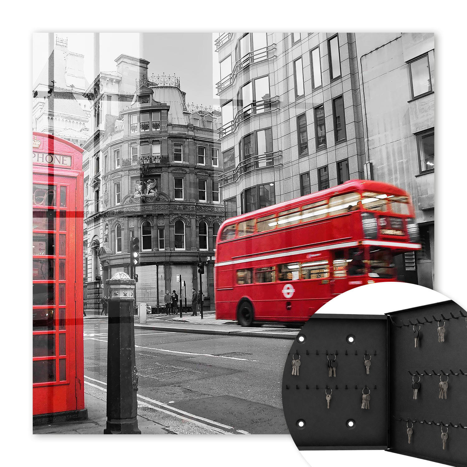 SCHLÜSSELBOX Schwarz 30x30 cm- Türöffnung nach rechts - Londoner Kontrast - Rot, Metall (30/30/5cm) - TULUP