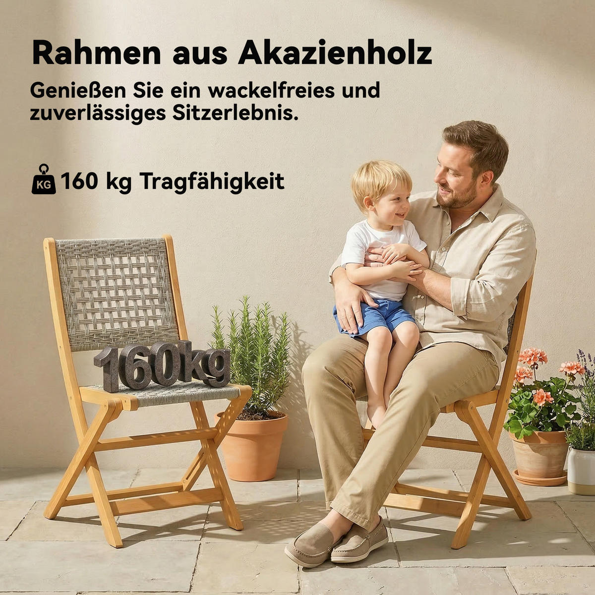 GARTENKLAPPSTUHL 2er Set Akazienholz PE-Rattan Grau - Grau/Akaziefarben, Holz (47.5/88/56cm) - Outsunny