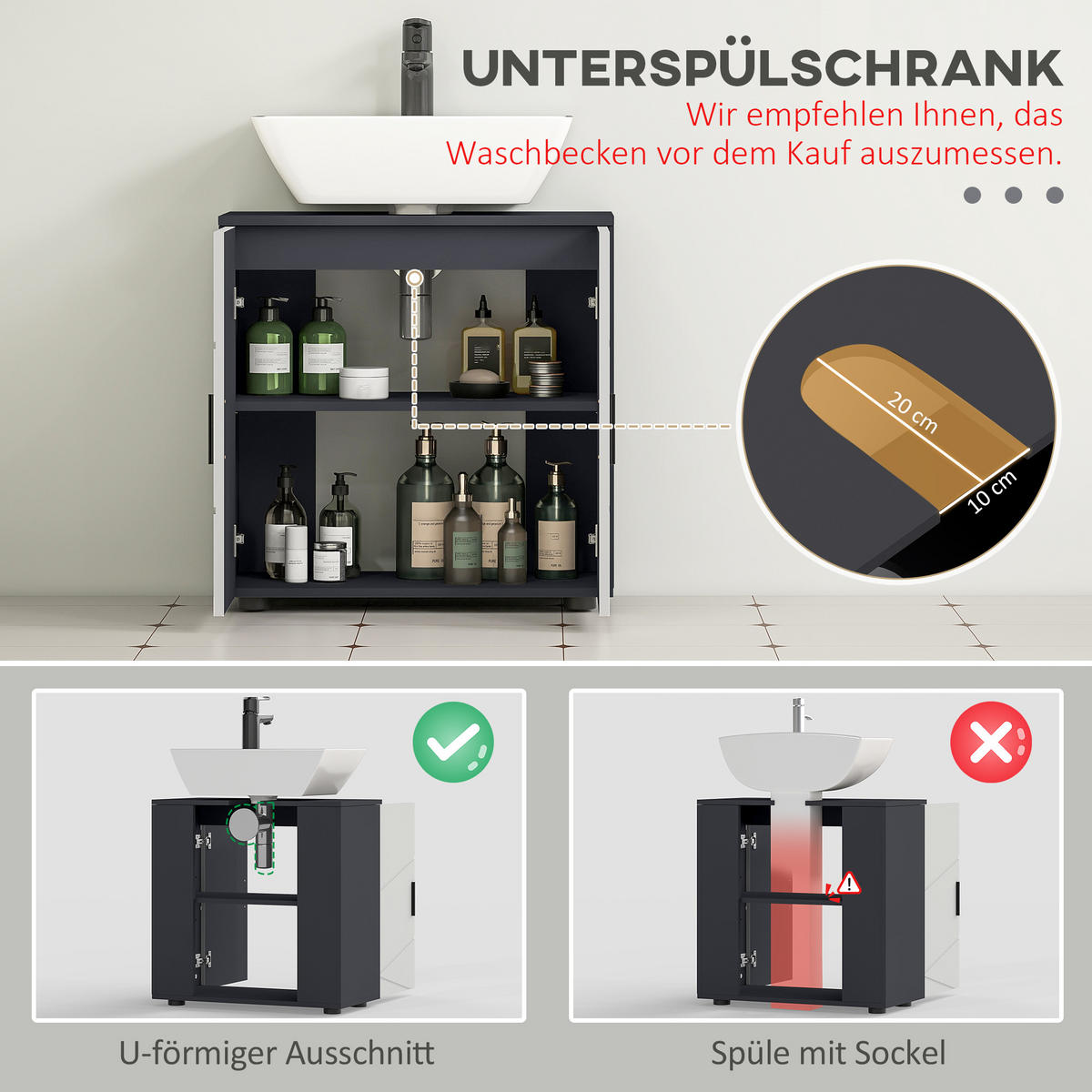 WASCHBECKENUNTERSCHRANK Unterschrank mit Schrankfach Griff, Grau 60 x 30 x 60 cm - Grau, Holzwerkstoff (30/60/60cm) - Kleankin
