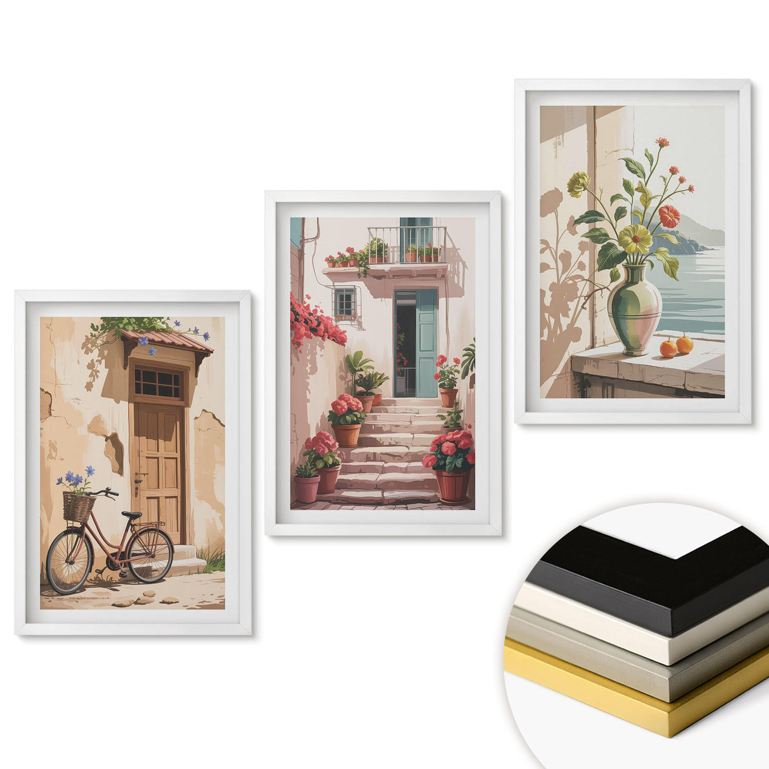 WANDBILDER 3er-Set - 40x60 cm Weißer Rahmen - Straßen, Blumen und Fahrräder - Weiß, Kunststoff (40/60cm) - ArtPrintCave