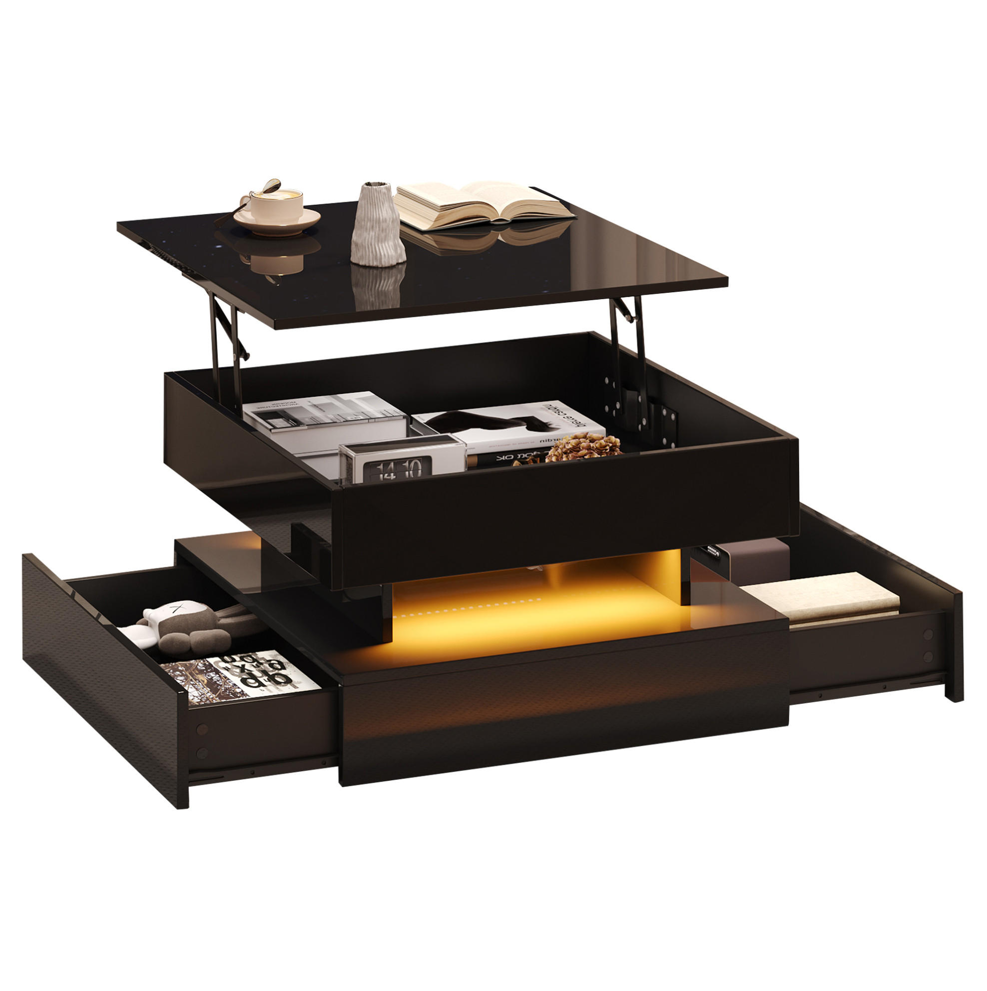 COUCHTISCH 65/65/38,5 cm in Schwarz aus Spanplatte mit LED-Licht und Stauraum - Schwarz, Holzwerkstoff (65/65/38.5cm) - OKMYHOME