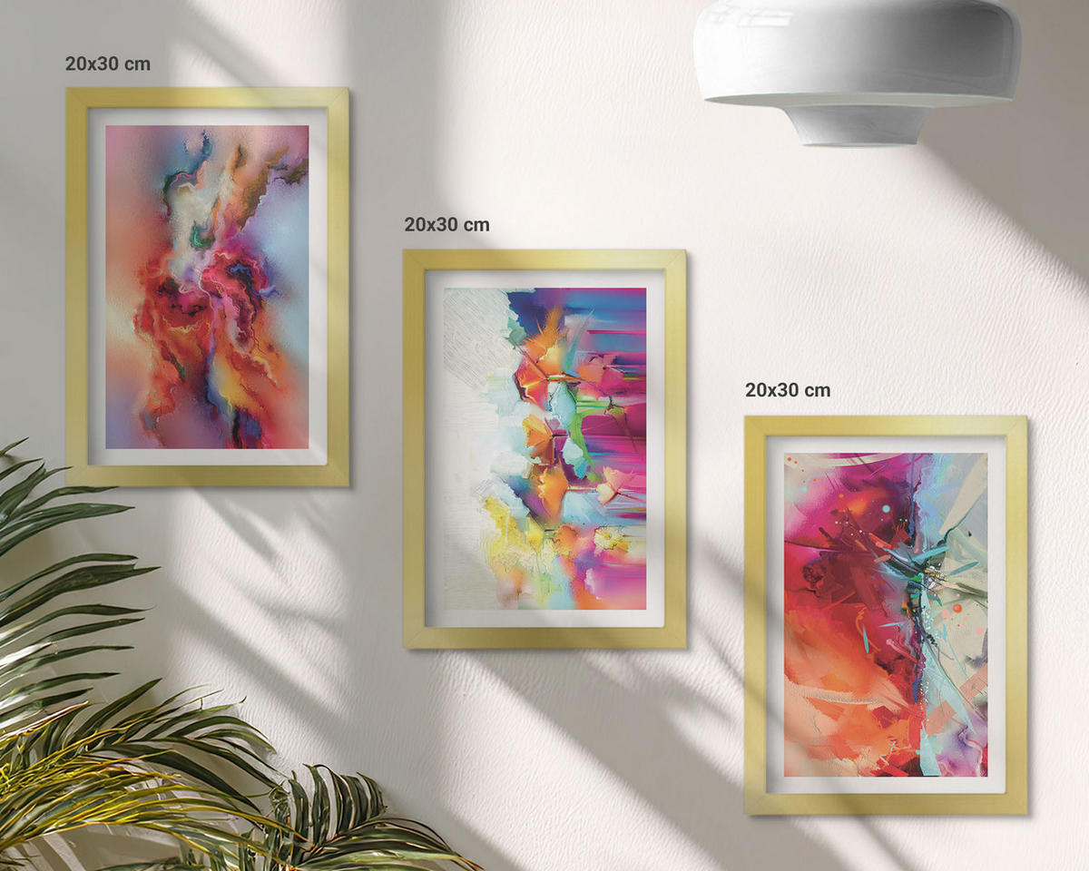 BILDER SET 3er Set - 20x30 cm Goldrahmen - Farbenfrohe Abstraktionen der Form - Goldfarben, Kunststoff (20/30cm) - TULUP