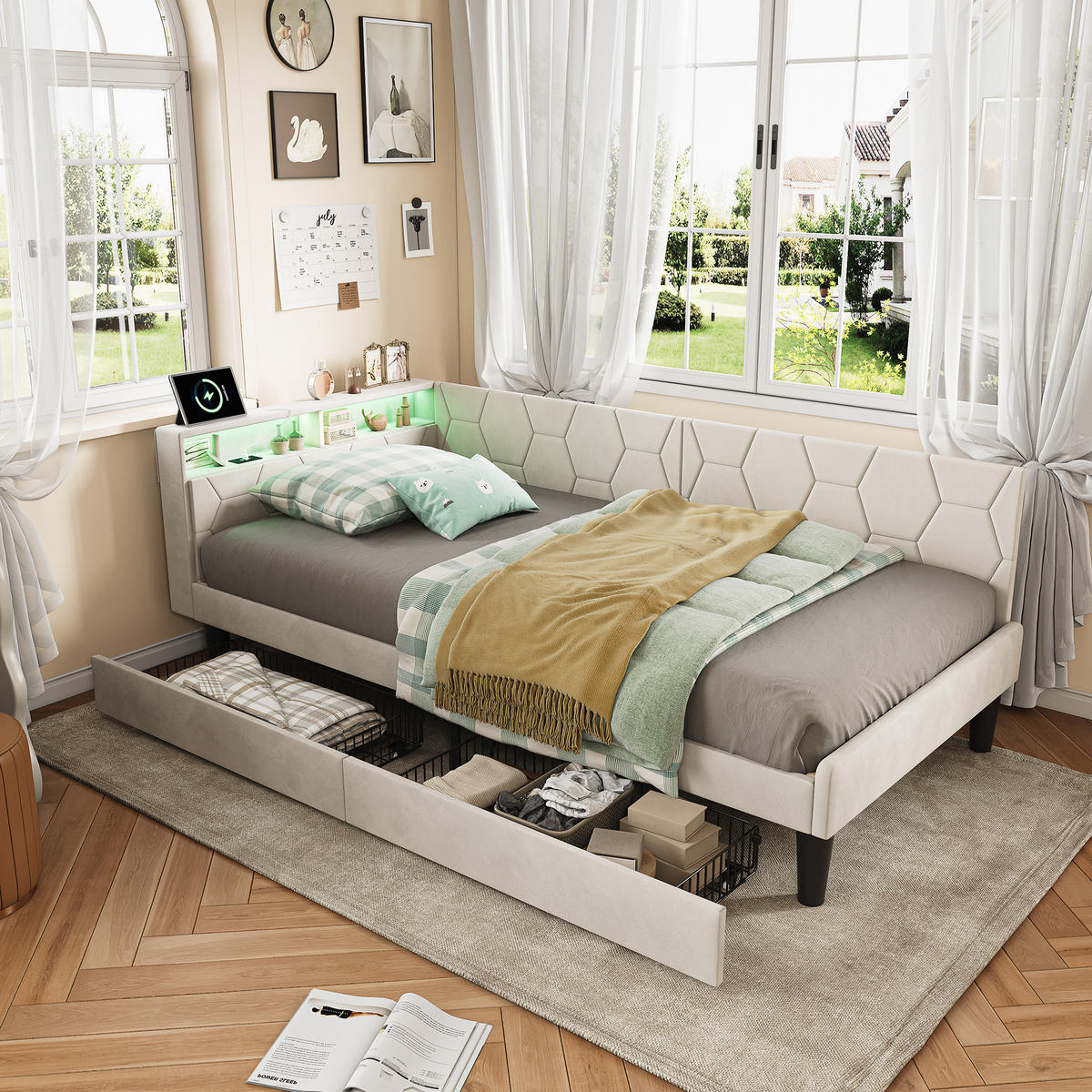 POLSTERBETT 90x200 cm Tagesbett mit 2 Schubladen, LED & USB, Einzelbett mit Kopfteil Stauraum, Beige - Beige, Metall (90/200cm) - EuroLiving