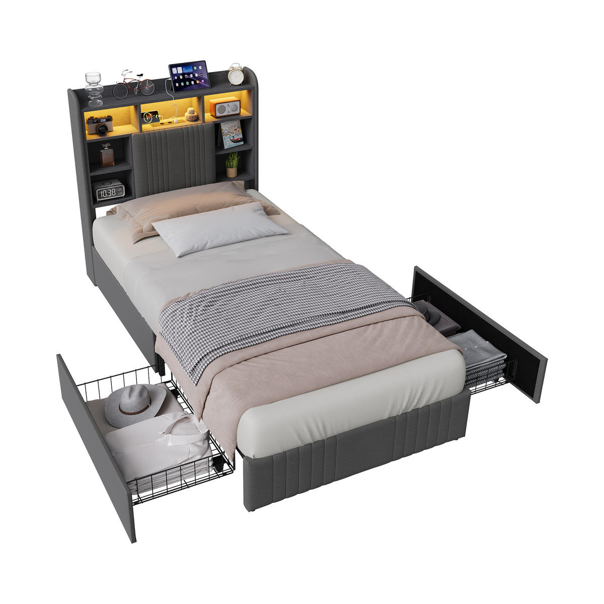 POLSTERBETT 90/200 cm Grau mit 2 Schubladen, LED-Kopfteil mit Ablage und USB - Grau, Metall (90/200cm) - EuroLiving