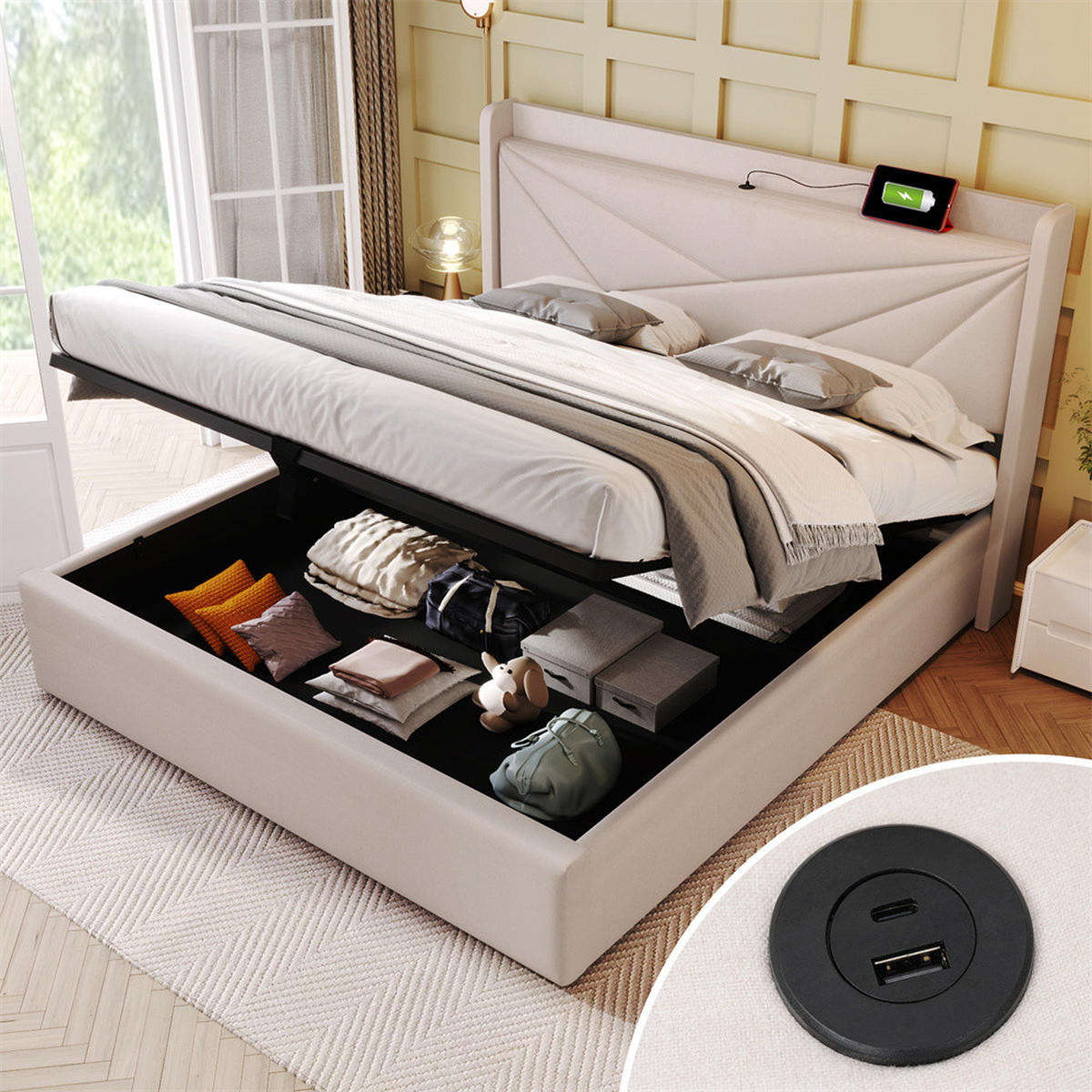 POLSTERBETT 180/200cm in Beige Leinen mit USB Typ C Ladefunktion Kopfteil - Beige, Holz/Textil (180/200cm) - KOMHTOM