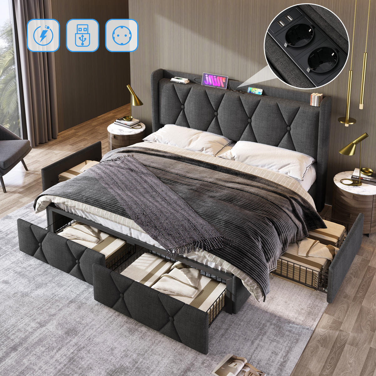 POLSTERBETT 140/200 cm Grau mit 4 Schubladen und USB-Ladefunktion mit Matratze - Grau, Textil (140/200cm) - OKWISH