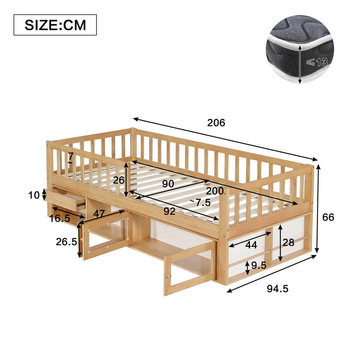 KINDERBETT 90/200 cm in Natur mit Schublade, Schrank und Ablagen - Naturfarben, Holz/Holzwerkstoff (90/200cm) - WISHDOR