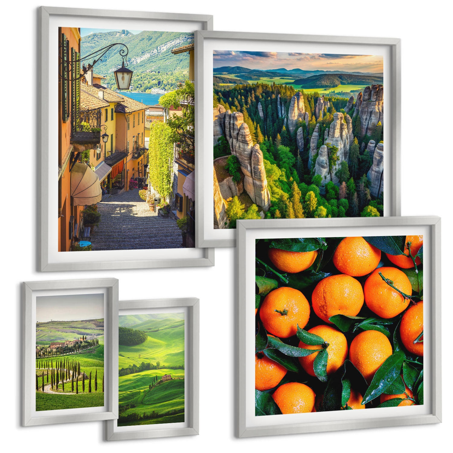 BILDER SET 5er Set - 50x50 cm & 20x30 cm & 40x60 cm Silberner Rahmen - Italienische Landschaft Orangen Natur - Silberfarben, Kunststoff (40/60cm) - TULUP
