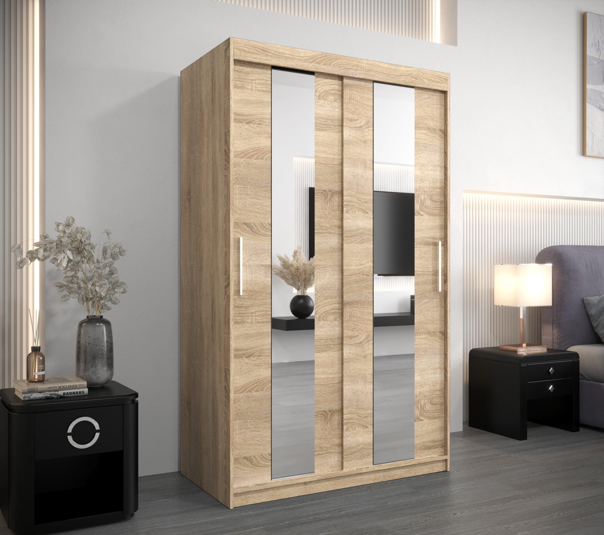SCHWEBETÜRENSCHRANK 200/120/62 2-türig - Silberfarben/Sonoma Eiche, Holz/Kunststoff (120/200/62cm) - MÖBEL KRYSPOL
