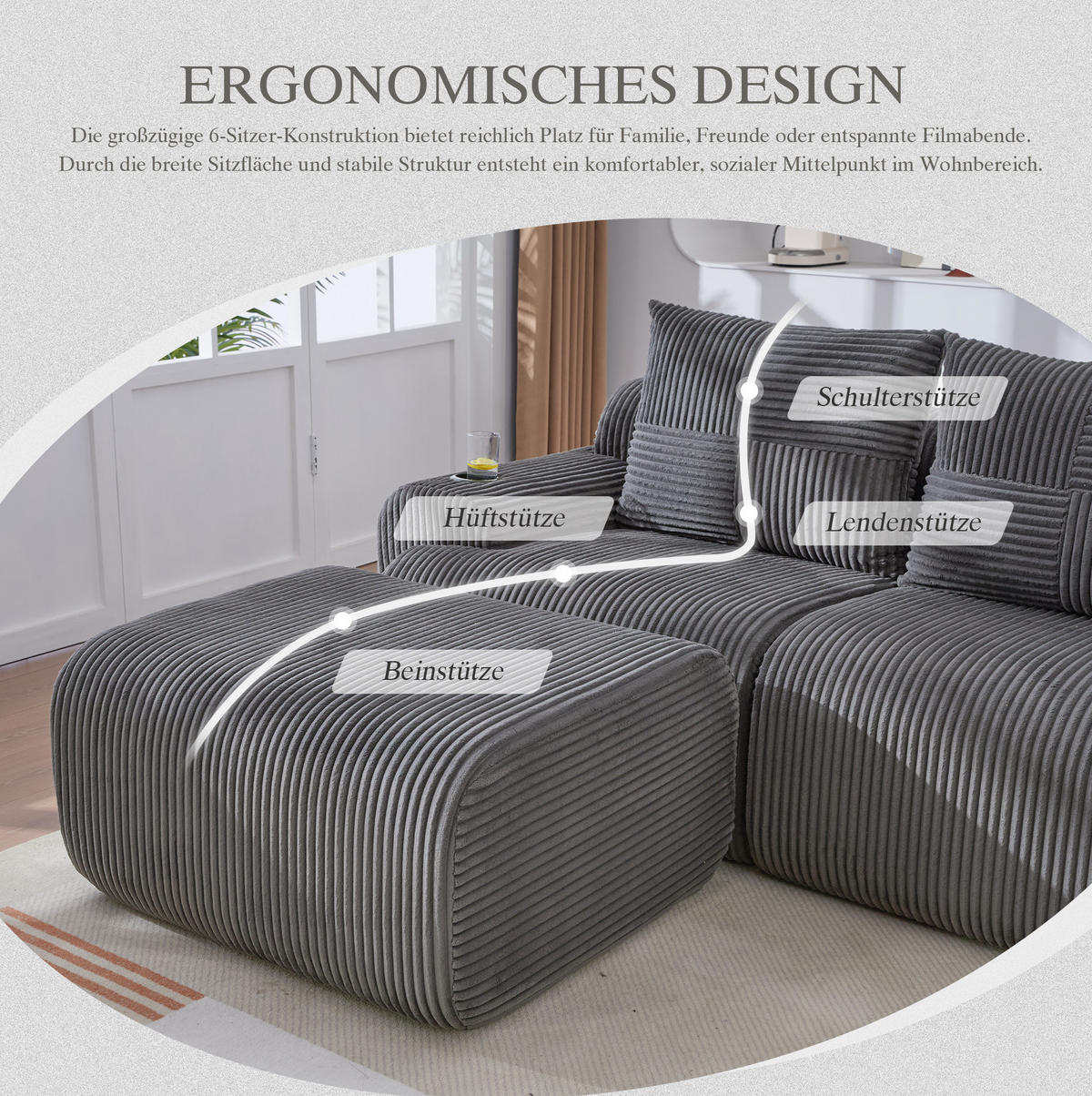MODULARES 2-Sitzer Cordsofa mit Hocker Getränkehalter und Seitentasche 200/174/80 cm Dunkelgrau - Dunkelgrau, Textil (174/200cm) - Redom