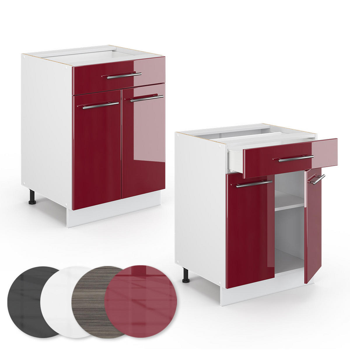KÜCHENUNTERSCHRANK Fame-Line Bordeaux Hochglanz 60 cm mit Schublade AP Marmor - Bordeaux/Weiß, Holzwerkstoff (60/82/60cm) - Vicco