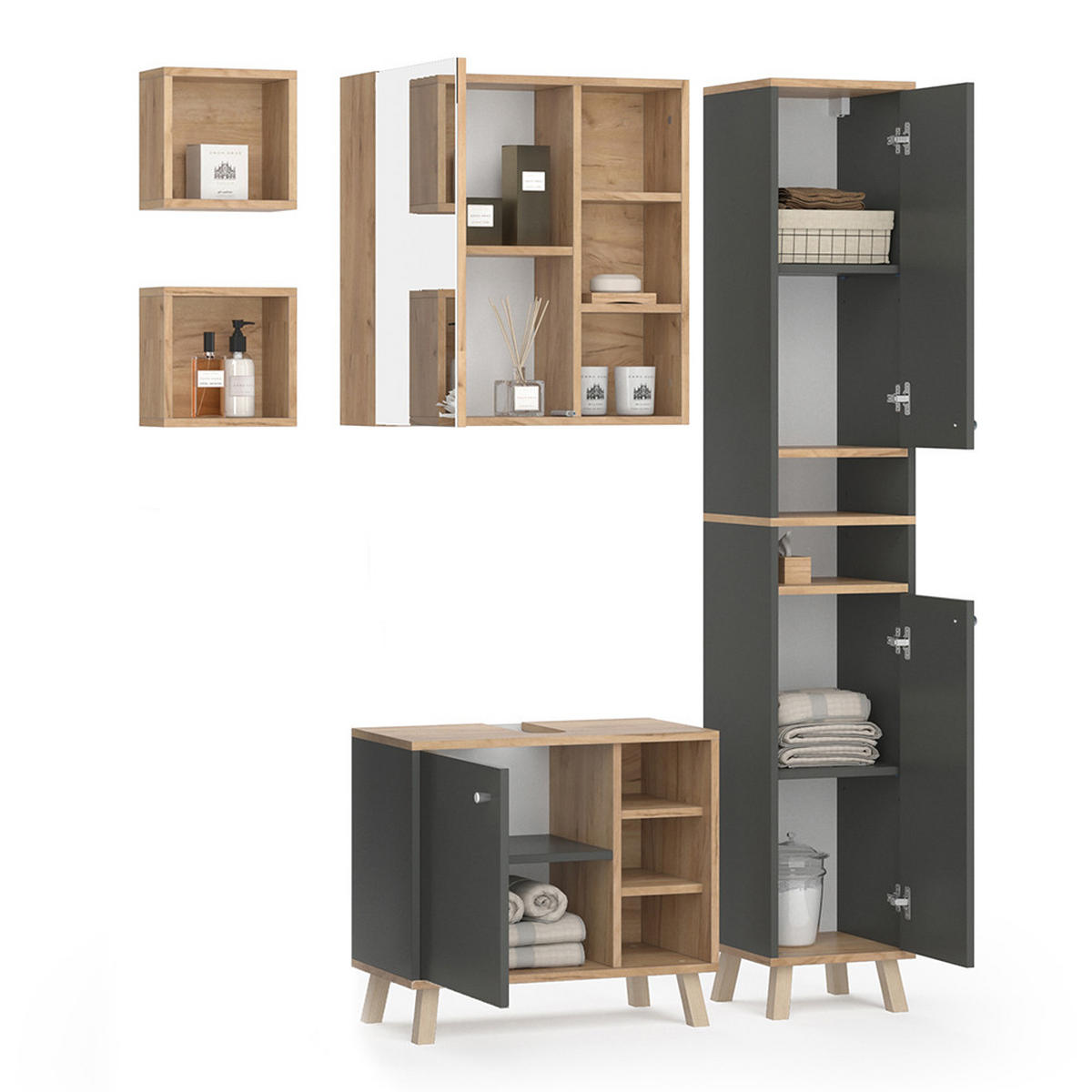 BADMÖBEL-SET Senyo Anthrazit 4 Teile, mit Hochschrank - Honigeiche/Anthrazit, Holzwerkstoff (62/54/32cm) - Vicco