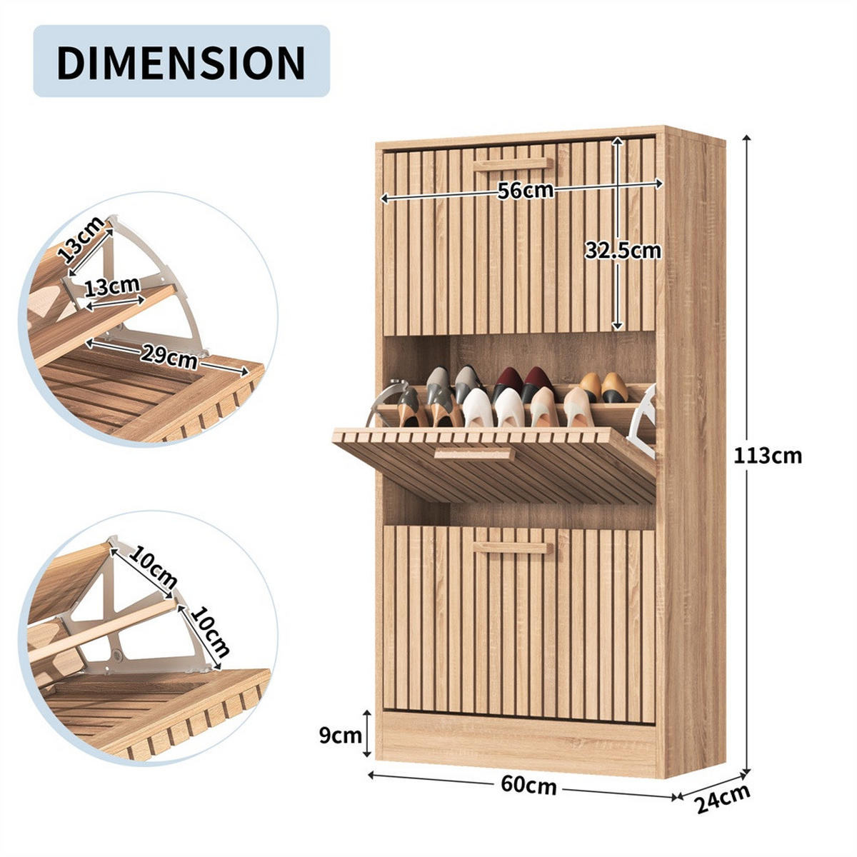 SCHUHSCHRANK im modernen Design - Kompakter Kipp-Schuhkipper mit Klappen - Schuhkipper mit gerilltem Design - Eichefarben, Holzwerkstoff (34/113/60cm) - DELFA