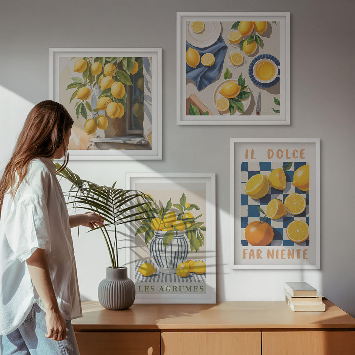 BILDER SET 4er Set - 50x50 cm & 40x60 cm Weißer Rahmen - Retro gelbe Zitrusfrüchte - Weiß, Kunststoff (50/50cm) - TULUP
