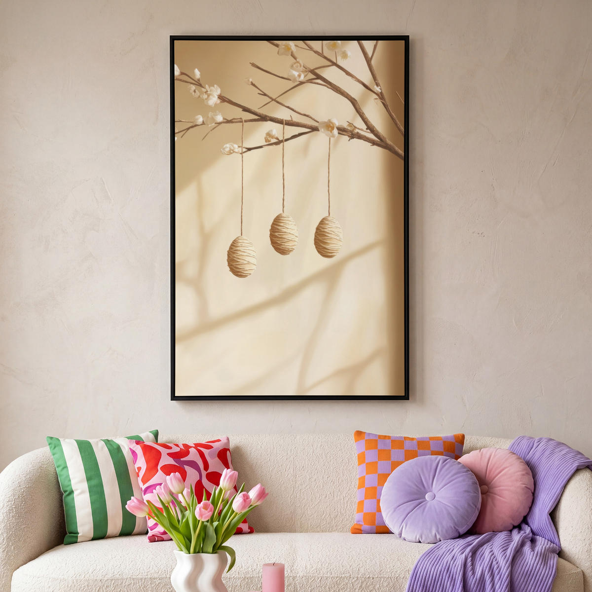 LEINWAND Bilder mit Rahmen - Beige - Osterkuchen - Eier - 90x140 - Beige, Textil (90/140cm) - MuchoWow