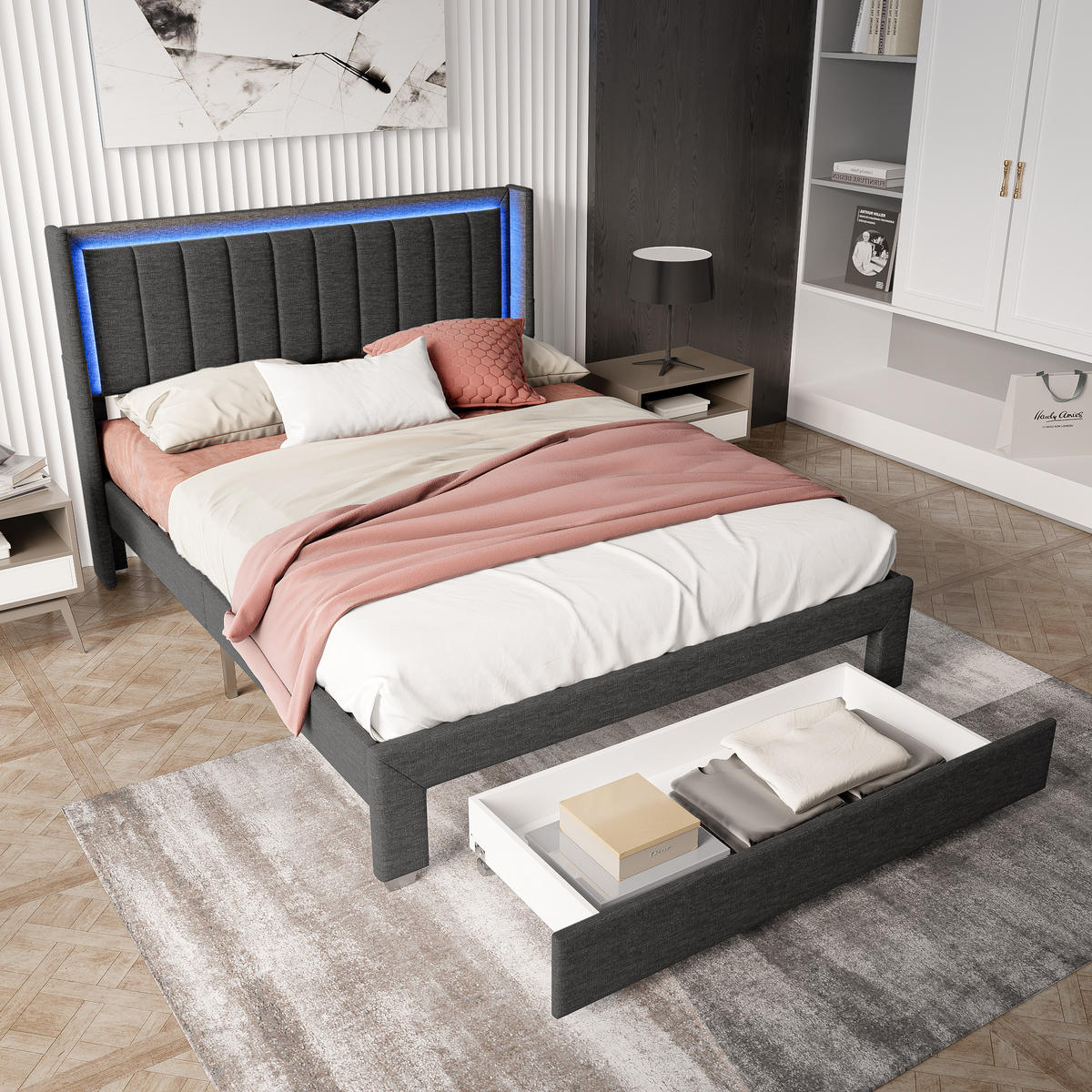 POLSTERBETT 160x200 cm, Grau, mit LED-Beleuchtung & USB-Stecker - Grau, Textil/Metall (160/200cm)