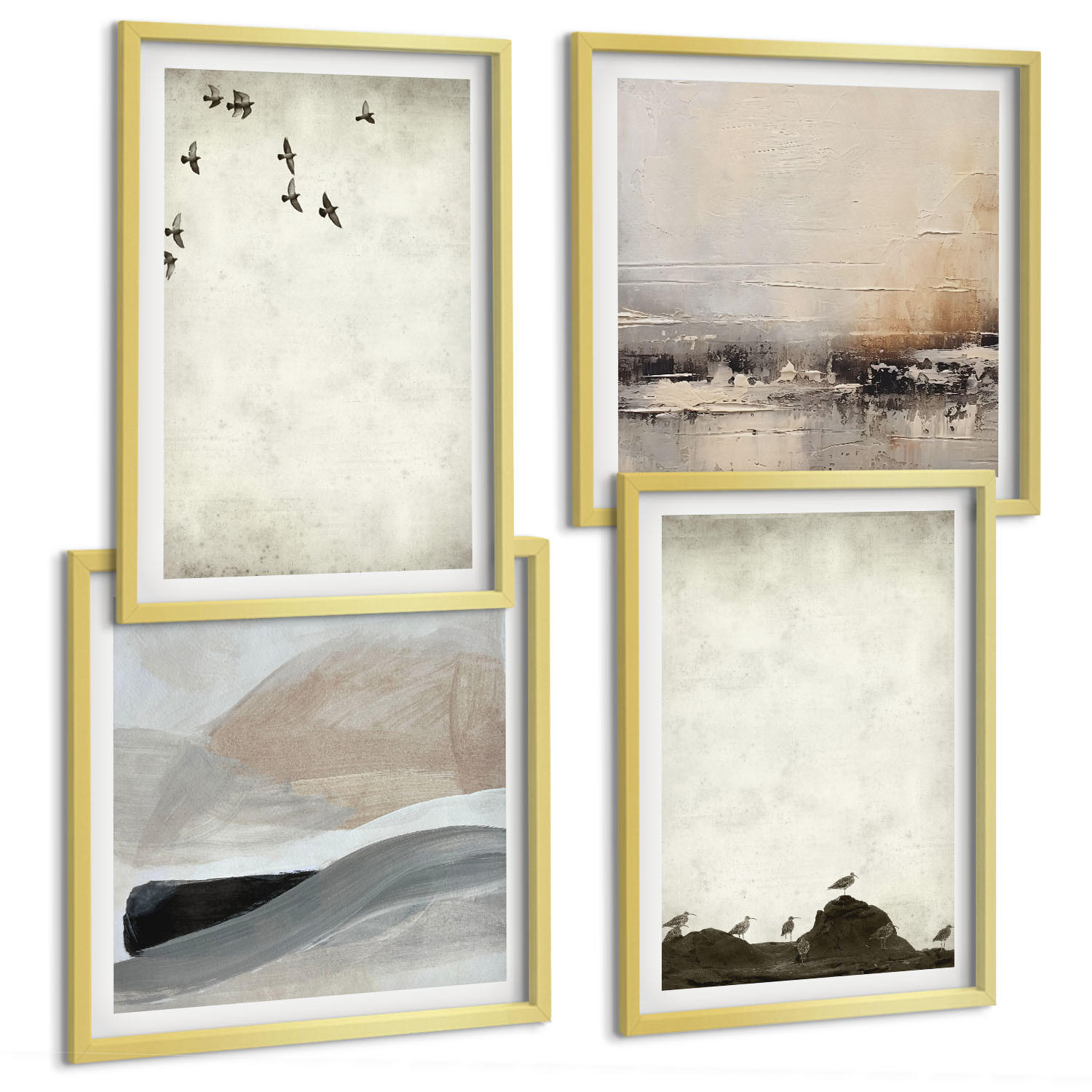 BILDER SET 4er Set - 50x50 cm & 40x60 cm Goldrahmen - Vögel, Steine, Pinselstriche, Verzierungen - Goldfarben, Kunststoff (50/50cm) - TULUP