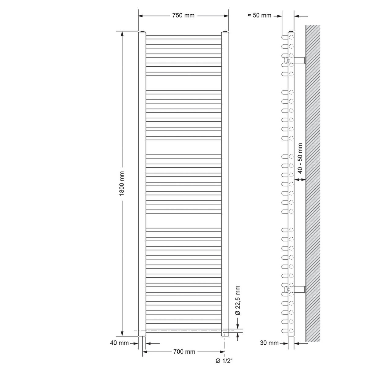 BADHEIZKÖRPER Sahara 750x1800 mm Weiß gebogen mit Seitenanschluss - Weiß, Metall (75/180/5cm) - LuxeBath