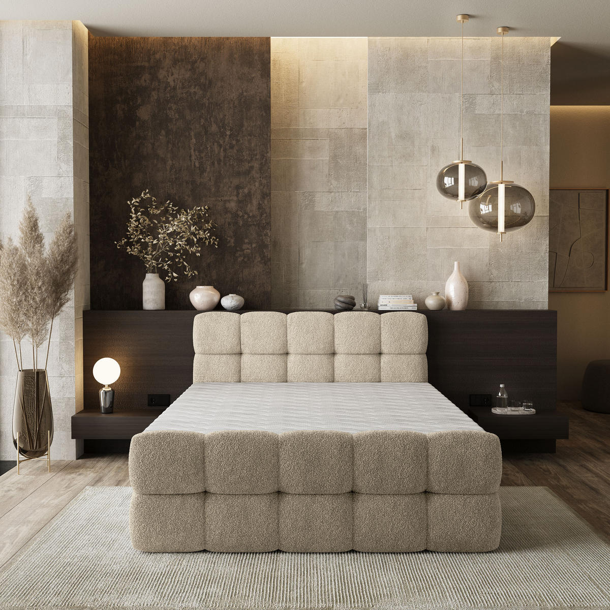 BOXBETT BRUME 180x200 cm mit Matratze und Topper, H2+H3 - Creme - Creme, Holz (180/200cm) - MASSENO