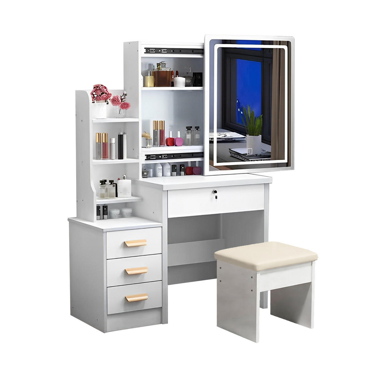 SCHMINKTISCH 85/36/130 cm mit LED-Spiegel, 4 Schubladen, seitlichen Ablagen und Hocker aus MDF, Weiß - Weiß, Holzwerkstoff (85/130/36cm) - Redom