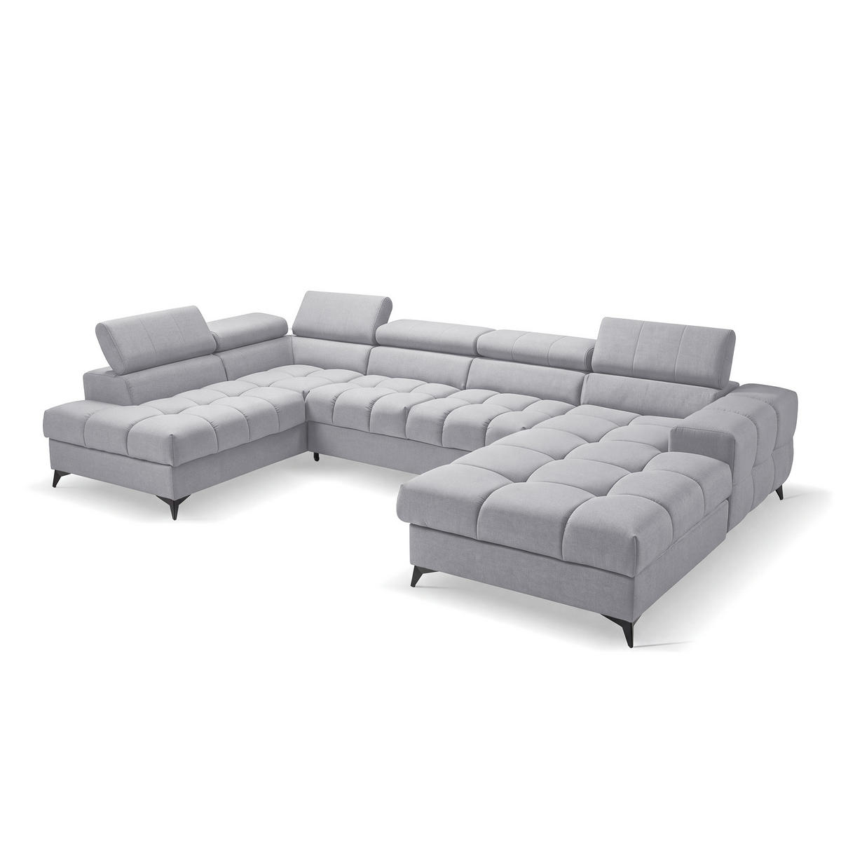 ECKSOFA PUDDING U Rechts mit Schlaffunktion 125x260 Velours Hellgrau - Hellgrau/Schwarz, Holz/Textil (350/203cm) - Muffo