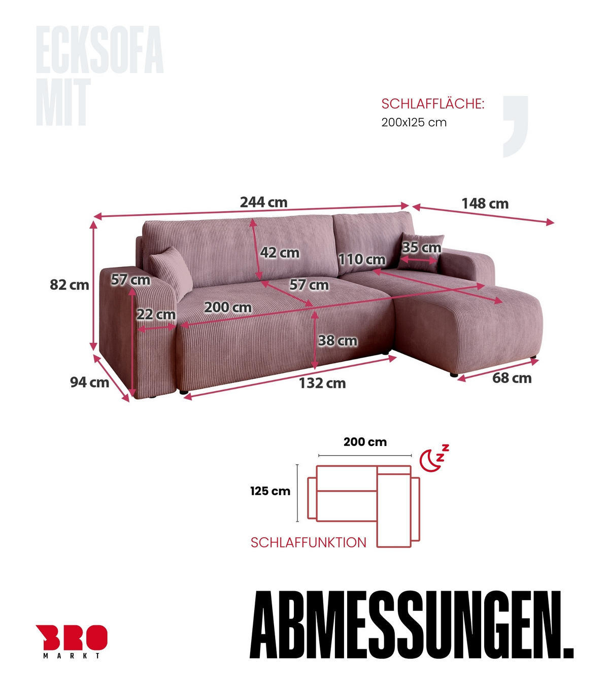 ECKSOFA PUMI mit Schlaffunktion Puderrosa Cord - Rosa, Textil (244/148cm) - Bromarkt