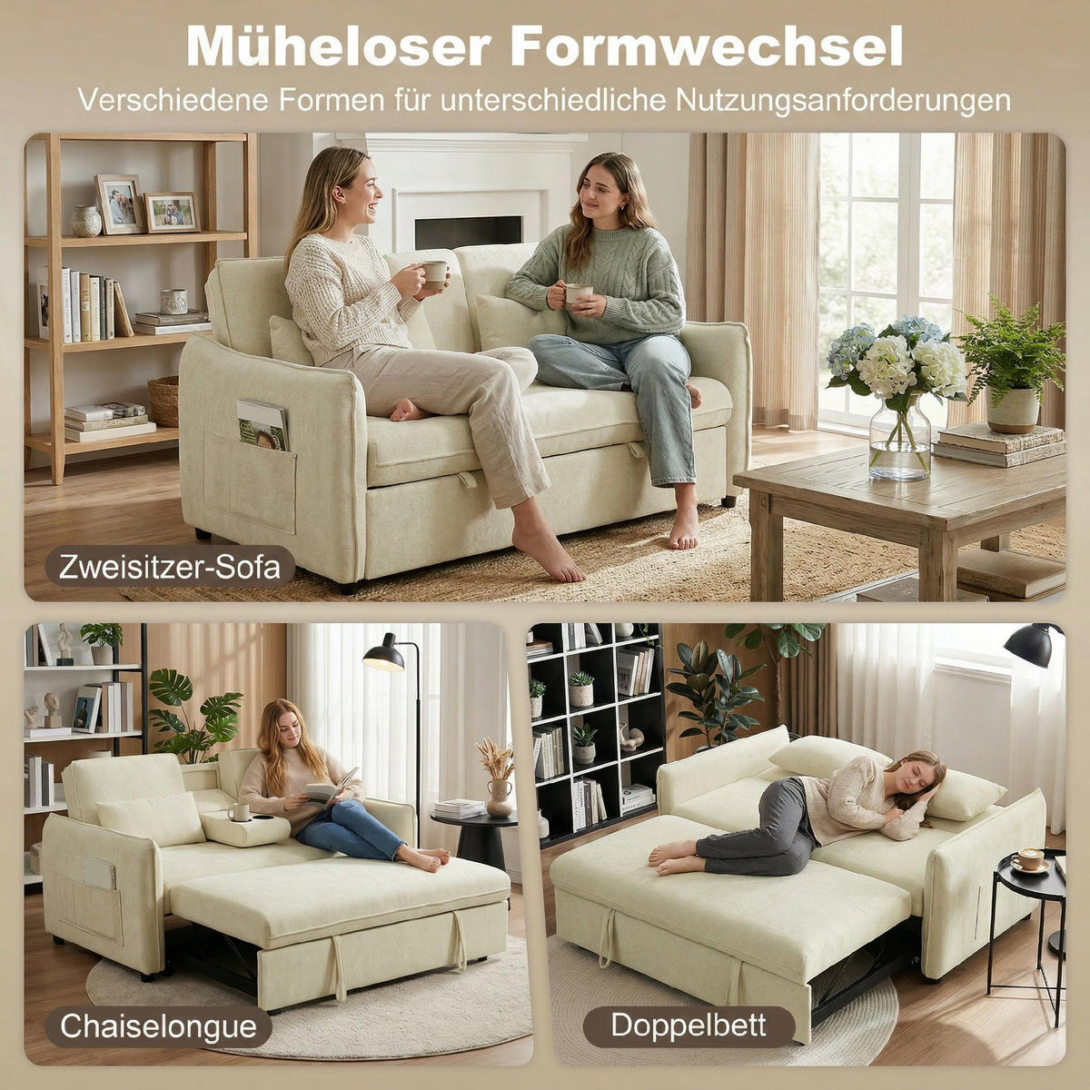 SCHLAFSOFA Chenille Beige - Beige/Schwarz, Holz/Kunststoff (90/84/166cm) - HOMCOM