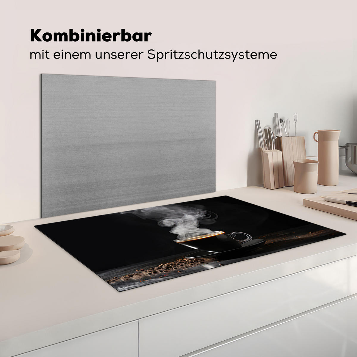 HERDABDECKPLATTE Kaffee - Schwarz - Bohnen - Heiß - Tasse Ceranfeldabdeckung 85x52 cm - Schwarz, Kunststoff (85/52/0.2cm) - MuchoWow