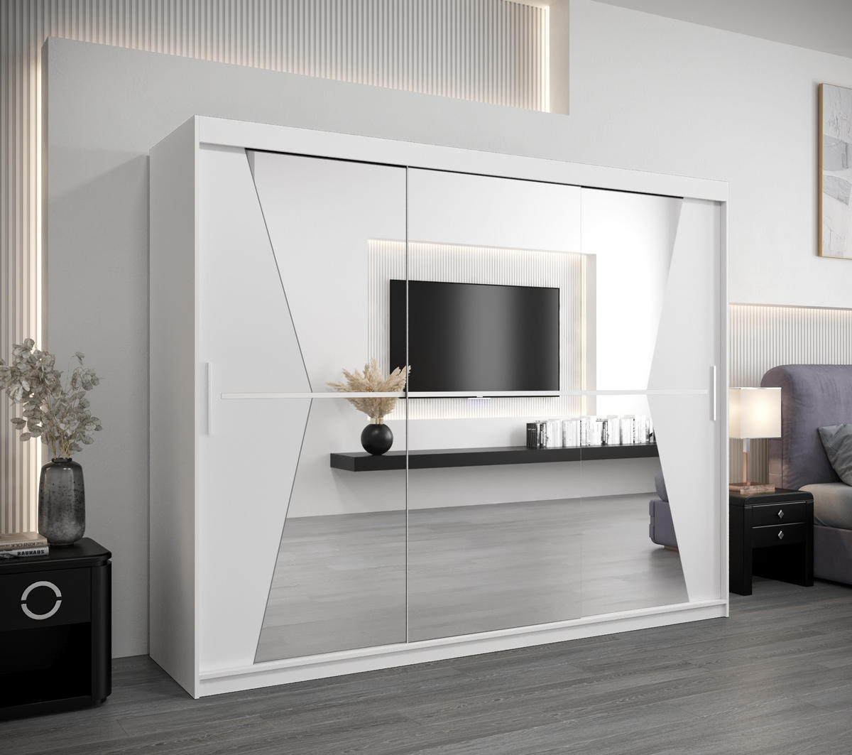 SCHWEBETÜRENSCHRANK 200/250/62 3-türig - Silberfarben/Weiß, Holz/Kunststoff (250/200/62cm) - MÖBEL KRYSPOL