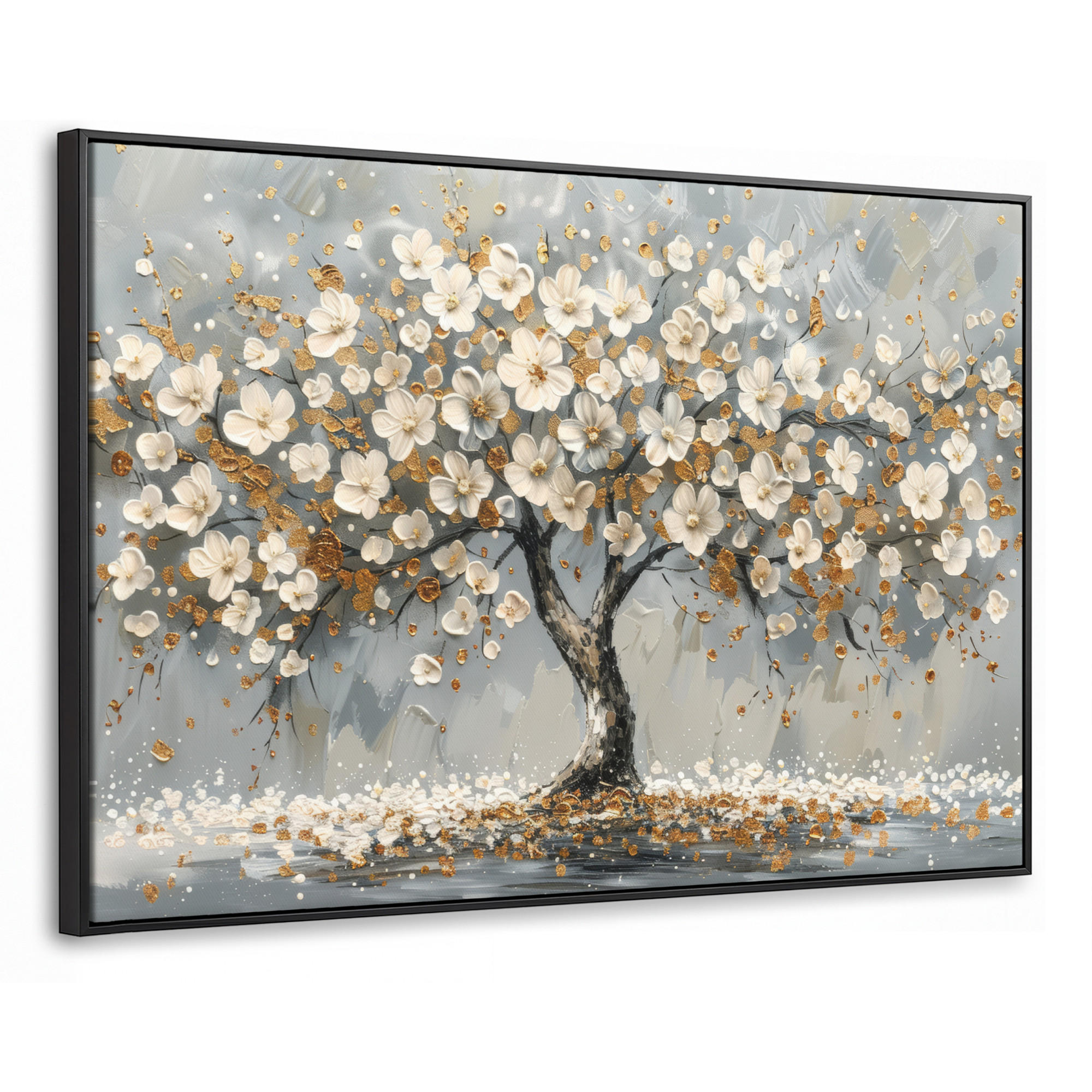 LEINWAND Bilder mit Rahmen - Baum - Blumen - Weiß - Natur - Kunst - 150x100 - Weiß, Textil (150/100cm) - MuchoWow