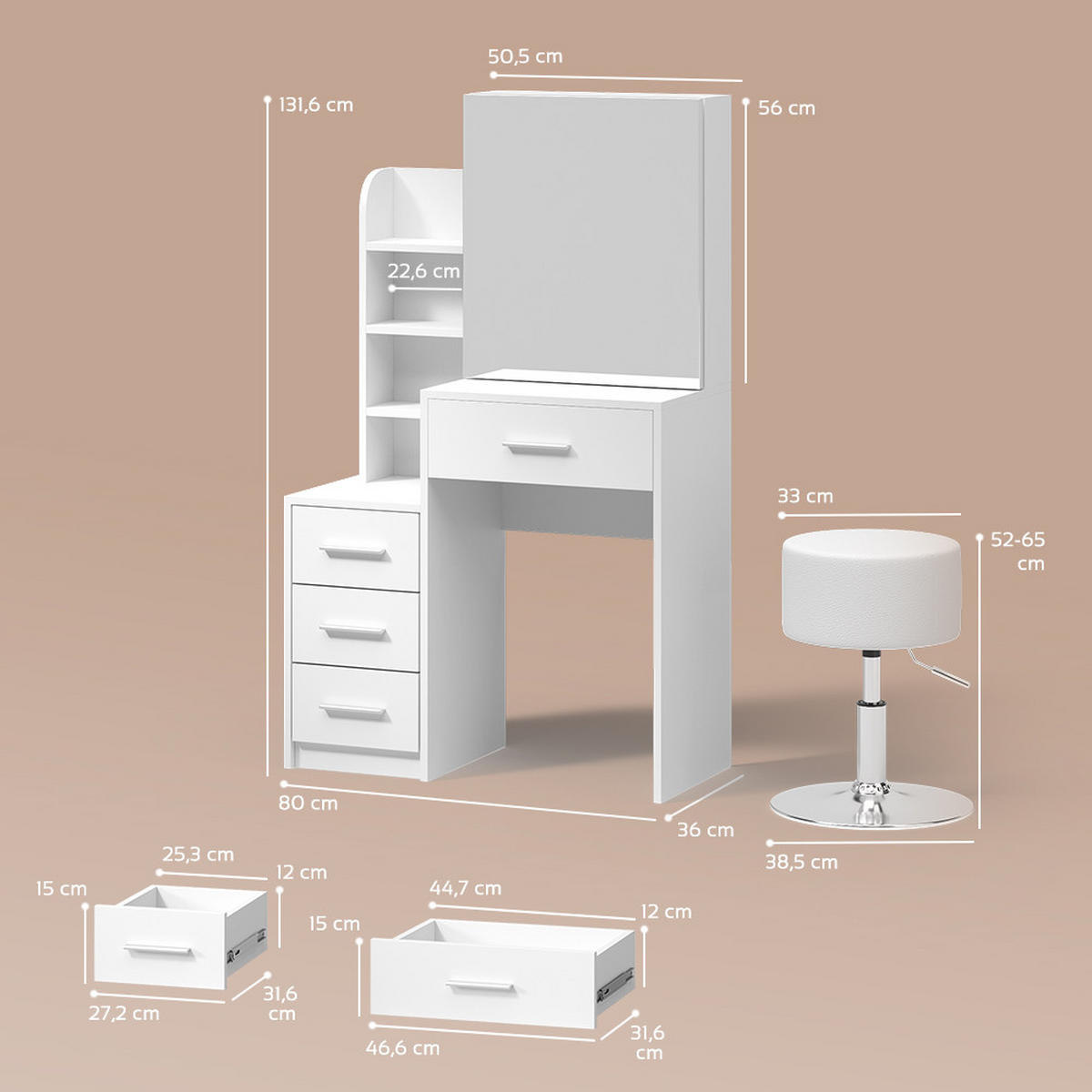 SCHMINKTISCH Loreta Weiß 80 cm mit Hocker - Weiß, Holzwerkstoff (80/131.6/36cm) - Livinity®